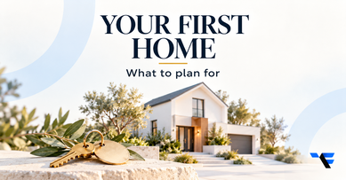 First-time home buyer challenges guide with a watercolor house and key and the heading Your First Home: What to Plan For