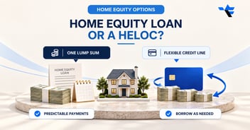 Light comparison graphic showing a home equity loan and HELOC secured by home equity