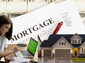 mortgage application with home and a woman working on laptop