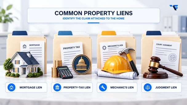 Four common property lien types: mortgage, property tax, mechanic's, and judgment liens