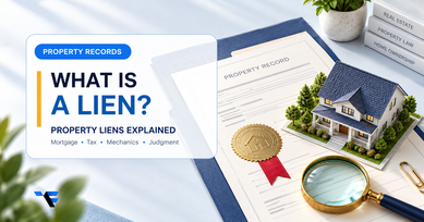 Light editorial graphic of a house, property record, and legal seal explaining what a property lien is