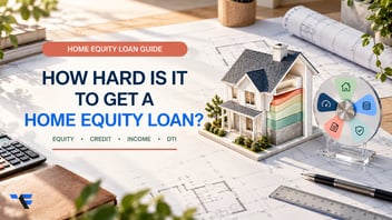 Architectural home model and approval dial illustrating how difficult it can be to qualify for a home equity loan