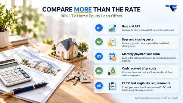 Checklist for comparing 90% LTV home equity loan offers by rate and APR, closing costs, payment and term, cash received and eligibility