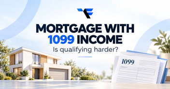 Mortgage with 1099 income guide featuring a house and tax forms with the question Is qualifying harder?