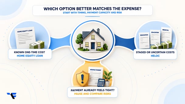 Decision guide comparing home equity loan and HELOC options for common borrowing needs