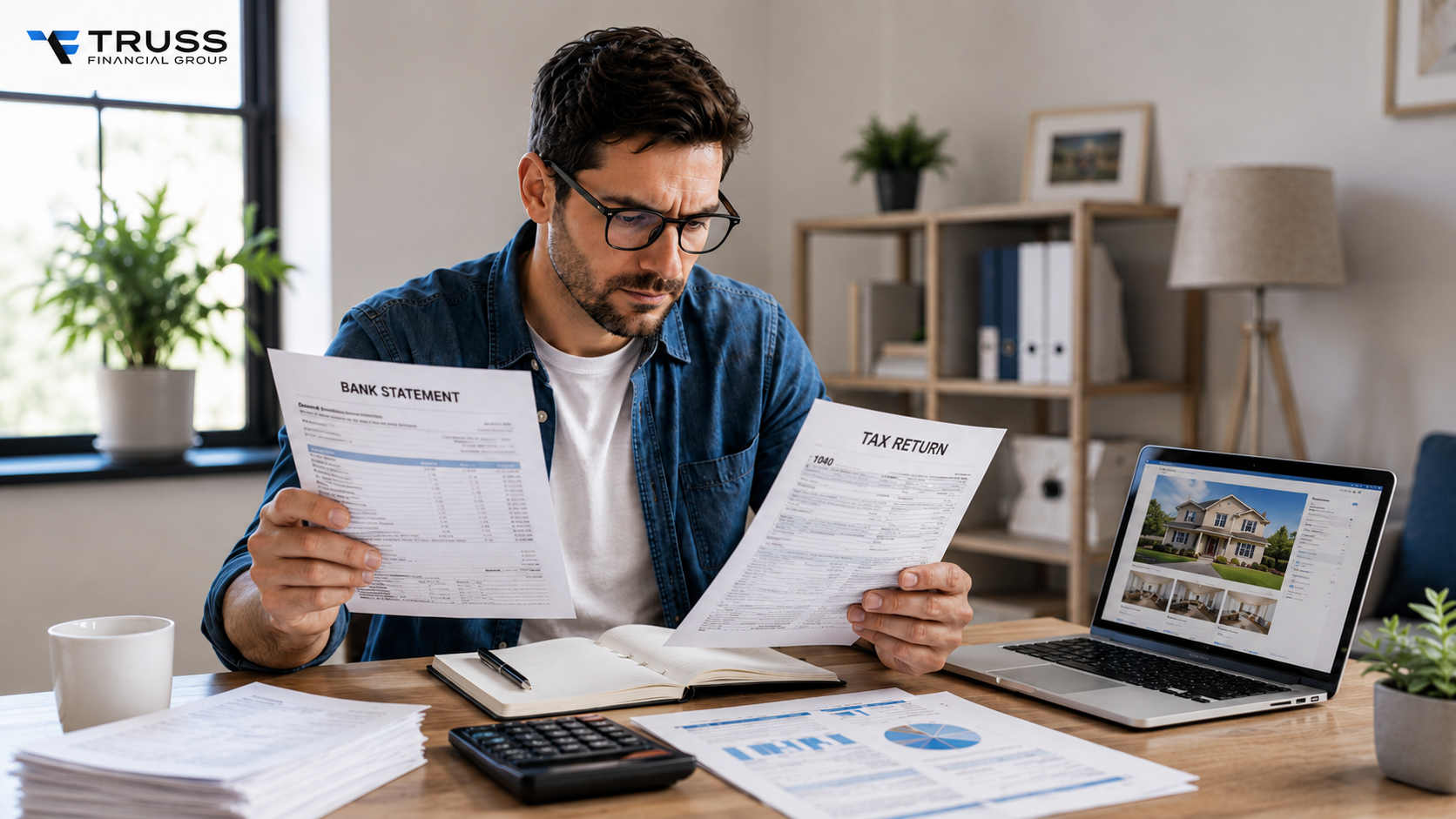 Self-employed homebuyer reviewing business income documents before applying for a mortgage