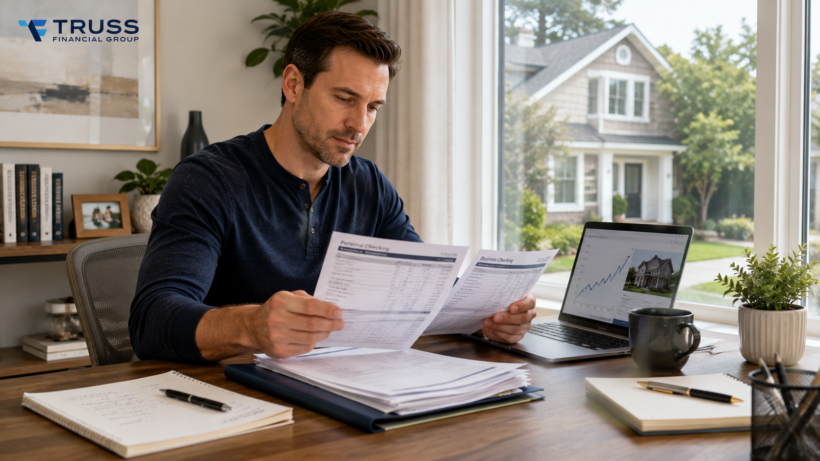 Self-employed homeowner reviewing bank statements and home equity options at a desk.