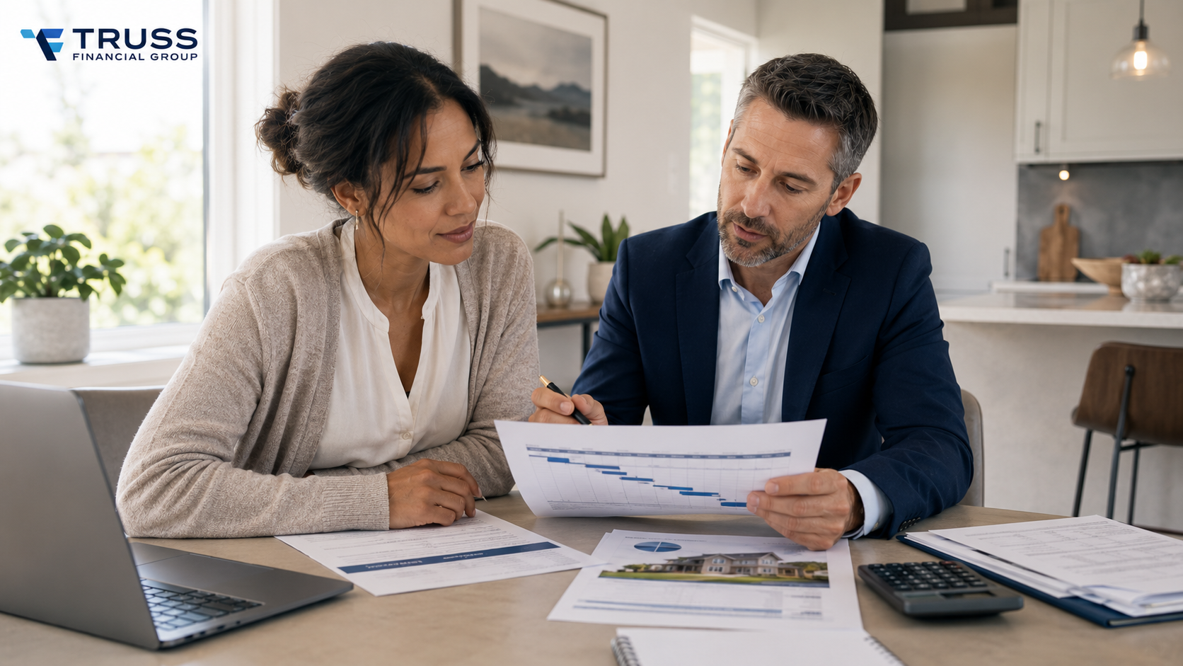 Homeowner comparing a HELOC draw period and repayment plan with a financial advisor.