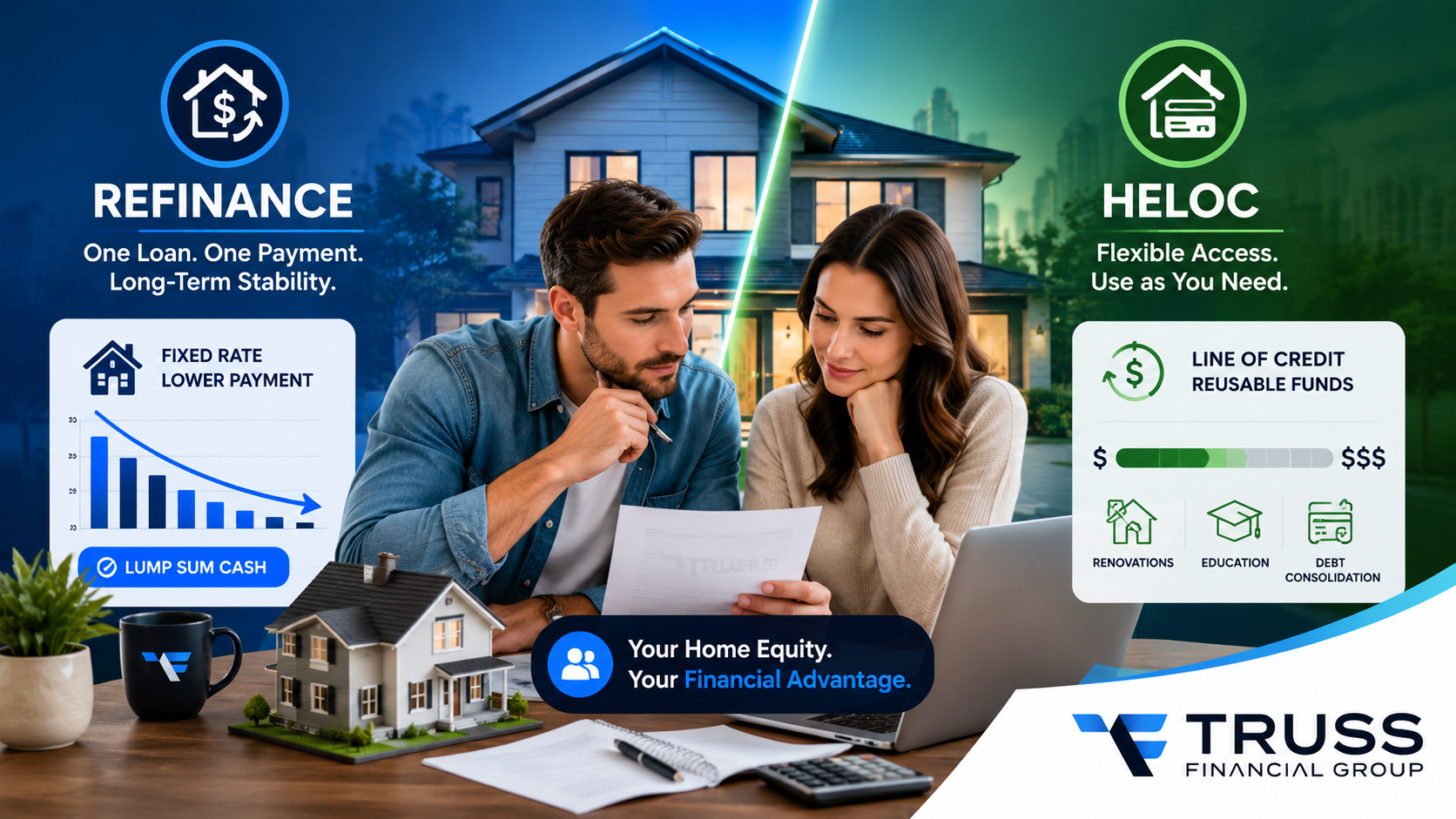 Homeowners reviewing mortgage documents while comparing refinance and HELOC options explained by Truss Financial Group, with a modern home in the background