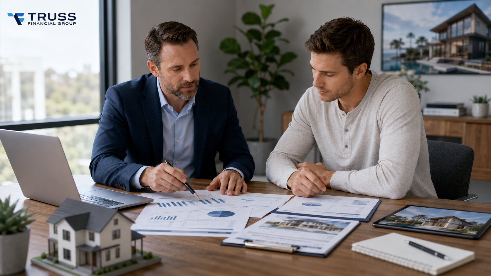 Mortgage advisor reviewing AirDNA rental income projections with a real estate investor