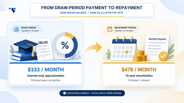 HELOC payment example comparing a $333 interest-only draw-period payment with a $478 principal-and-interest repayment payment