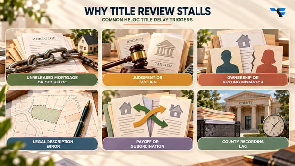 Six common HELOC title delay triggers including unreleased liens, judgments, ownership mismatches, legal-description errors, subordination and county recording