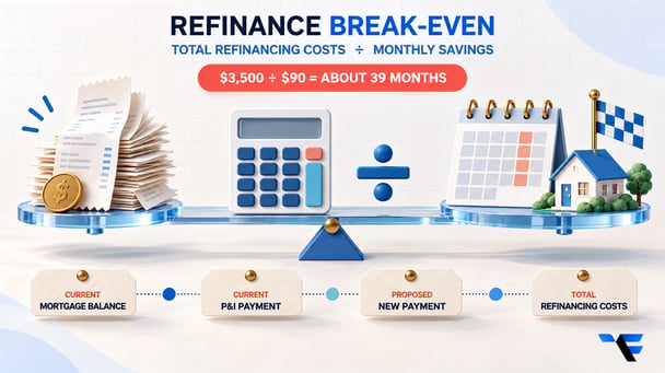Mortgage refinance break-even calculation using total refinancing costs divided by monthly savings