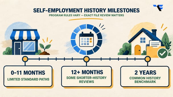 Self-employment history milestones showing limited standard mortgage paths before 12 months, possible shorter-history reviews after 12 months, and the common two-year benchmark