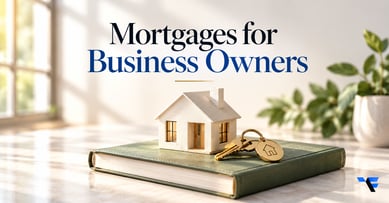 A paper house-shaped doorway beside a business ledger and house keys, with the title Mortgages for Business Owners.