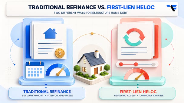 Traditional mortgage refinance versus first-lien HELOC comparison showing loan structure, rate type, and access to funds