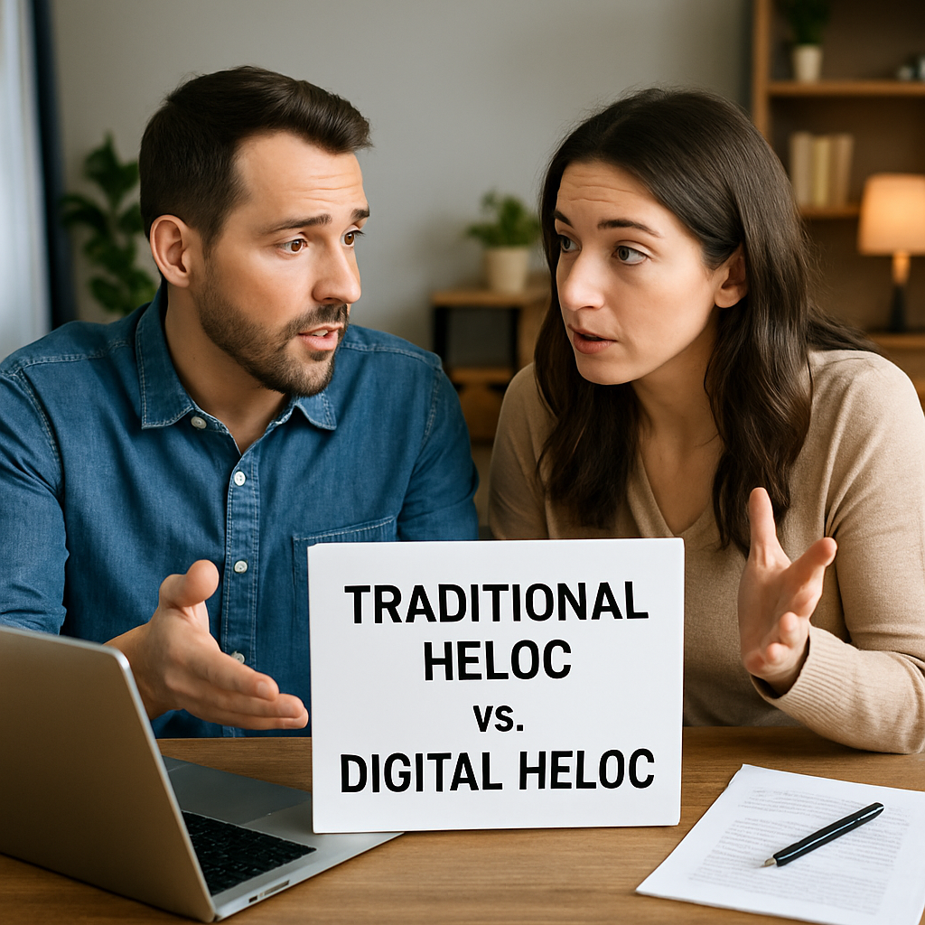 a couple discussing how traditional heloc is different from digital heloc while working on computer