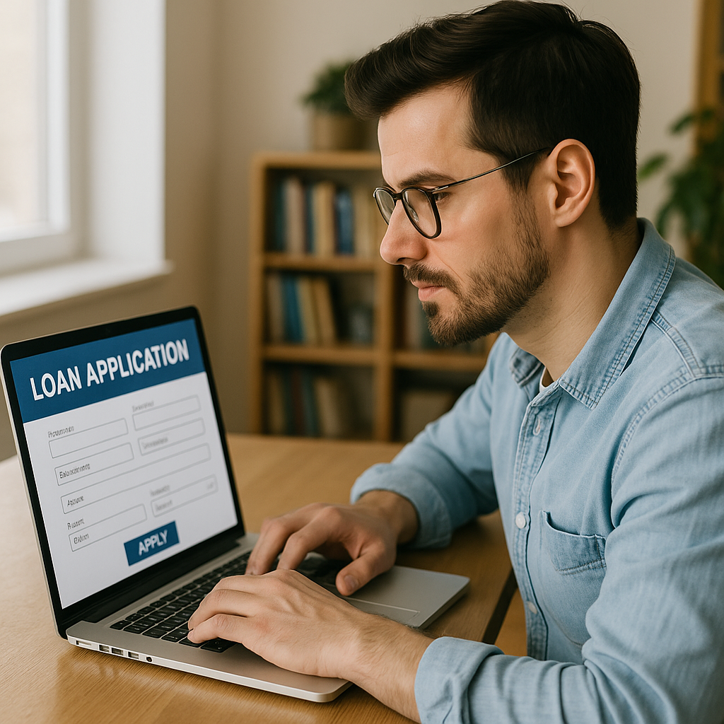 man applying for a loan using computer complete online