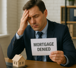WHAT TO DO IF MORTGAGE DECLINED DUE TO LATE PAYMENTS: MAN WORRIED 