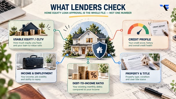 Five home equity loan approval factors lenders review: usable equity and CLTV, credit profile, income and employment, debt-to-income ratio, and property and title