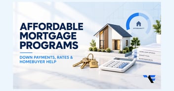 Affordable mortgage programs guide with a model home, keys, calculator and homebuyer planning documents