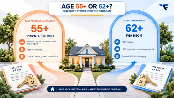Reverse mortgage age comparison showing some private and jumbo programs may start at 55 while FHA HECM eligibility begins at 62