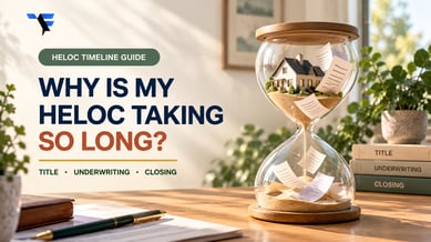Hourglass containing a house and HELOC documents illustrating delays in title, underwriting and closing