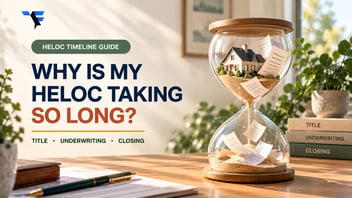 Hourglass containing a house and HELOC documents illustrating delays in title, underwriting and closing