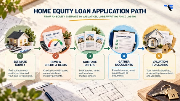Five-step home equity loan application process from estimating equity and reviewing credit to comparing offers, gathering documents, valuation, underwriting and closing