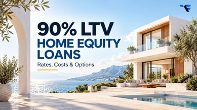 90% LTV home equity loan guide featuring a modern white house and the words Rates, Costs & Options