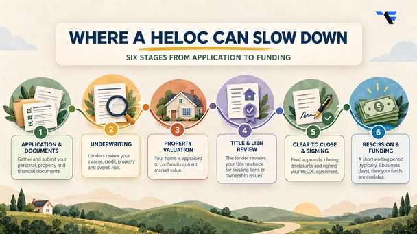 Six stages where a HELOC can slow down: application, underwriting, property valuation, title review, signing and funding