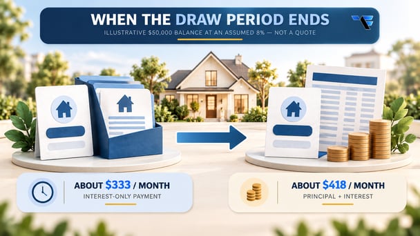 Illustrative HELOC payment change from about $333 interest-only to about $418 principal and interest on a $50,000 balance at an assumed 8 percent rate