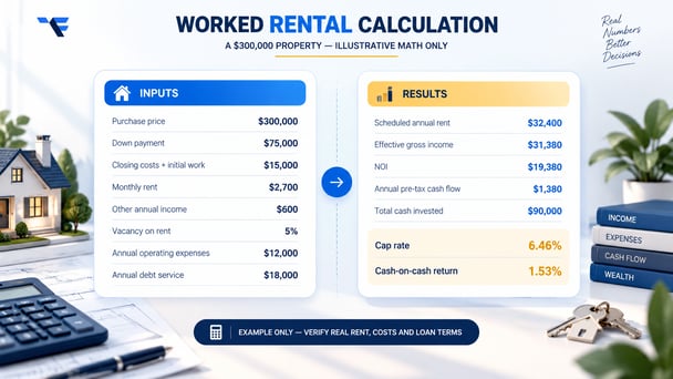 Worked rental calculation example for a $300,000 property showing effective gross income, NOI, cash flow, cap rate, and cash-on-cash return