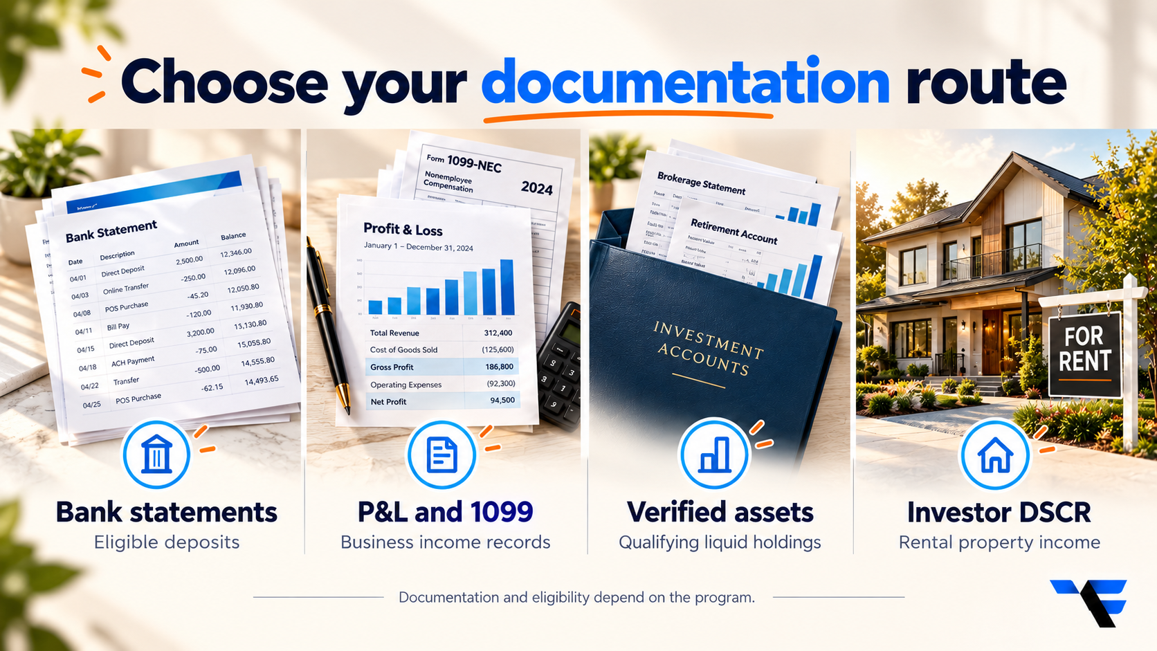 Stated income mortgage documentation routes: bank statements, P&L and 1099, verified assets and investor DSCR.