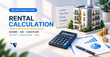 Rental calculation guide for real estate investors with an apartment building, calculator, charts, and investment coins