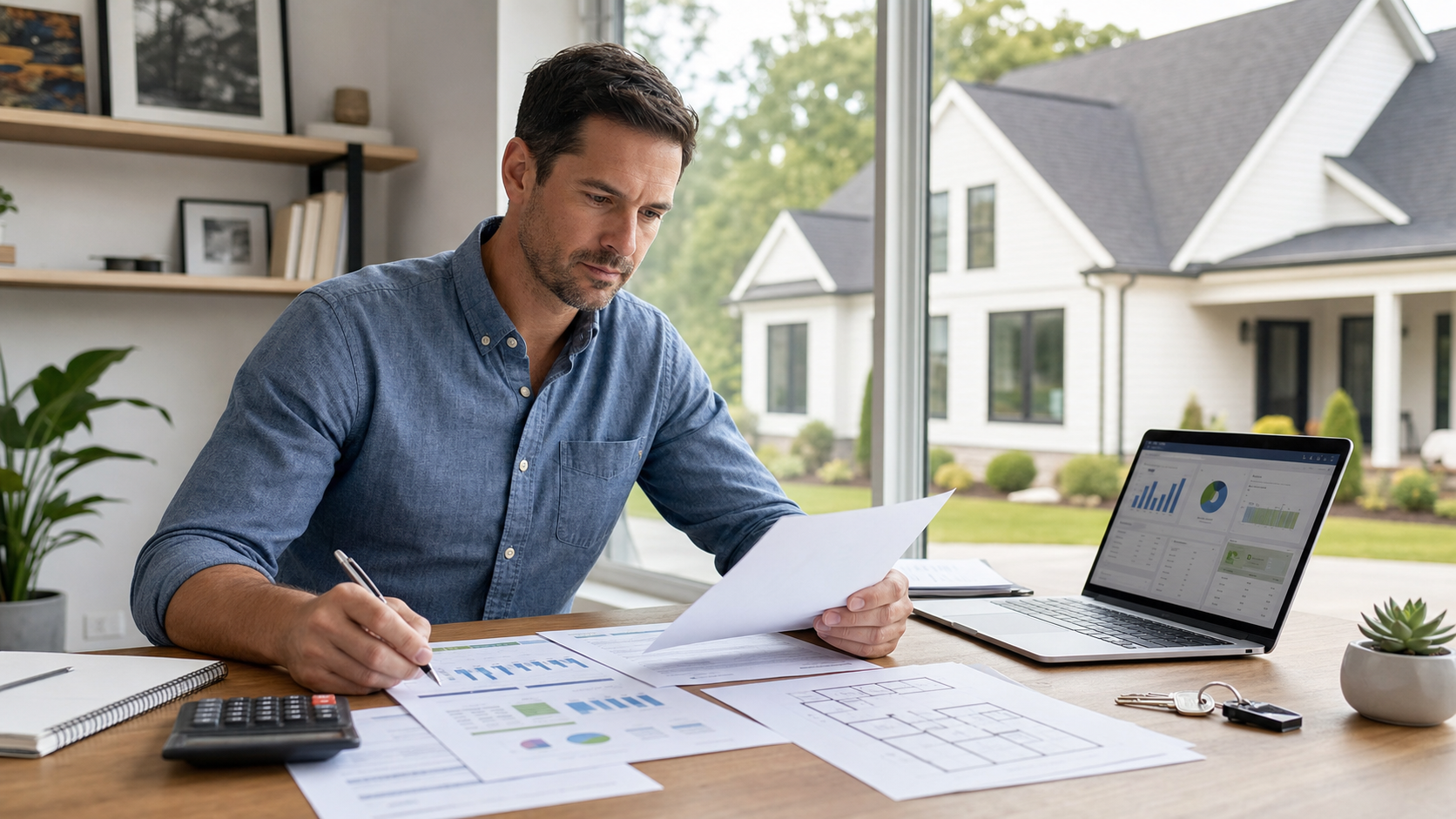 Rental property investor reviewing a business plan, market research, and cash flow projections