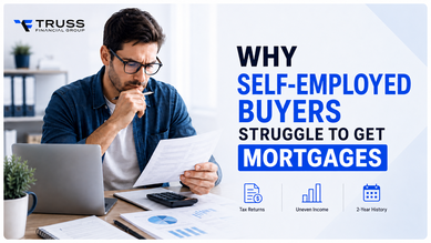 graphic showing a self-employed buyer reviewing mortgage documents and the challenges of tax returns, uneven income, and two-year history requirements.