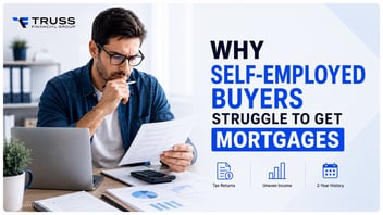 graphic showing a self-employed buyer reviewing mortgage documents and the challenges of tax returns, uneven income, and two-year history requirements.