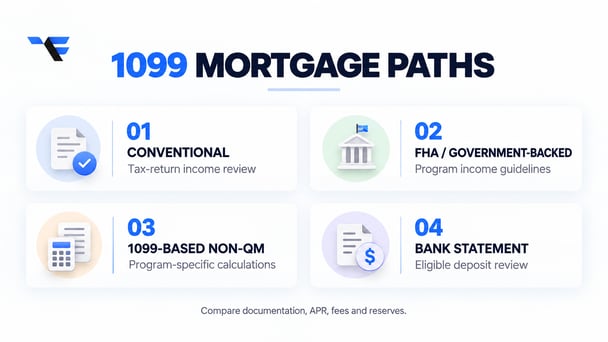 Mortgage paths for 1099 workers comparing conventional, FHA or government-backed, 1099-based non-QM and bank statement income reviews