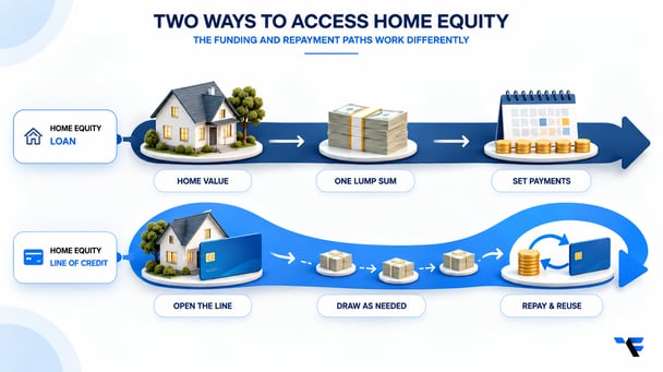 Side-by-side home equity loan and HELOC paths from funding through repayment