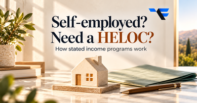  Stated income HELOC for self-employed homeowners, with a ceramic house, financial document and pencil.