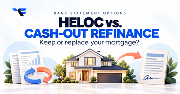 Bank statement HELOC vs. cash-out refinance cover with a house and loan documents illustrating keeping or replacing a mortgage.