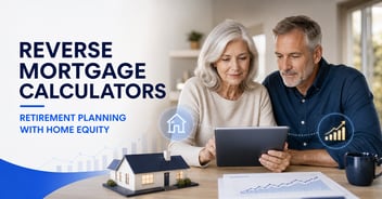 Reverse mortgage calculator for retirement planning showing older homeowners reviewing home equity projections