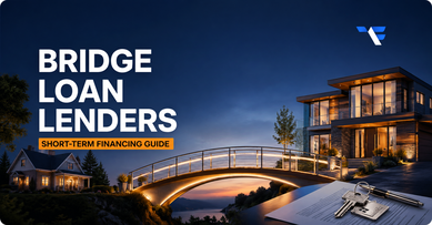 Bridge loan lenders and short-term bridge financing guide with two homes connected by an illuminated bridge