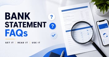 Bank statement FAQs cover showing a bank account statement, magnifying glass, mobile banking screen, and question icons