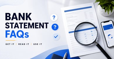 Bank statement FAQs cover showing a bank account statement, magnifying glass, mobile banking screen, and question icons