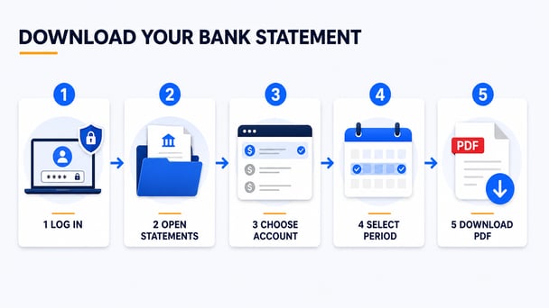 Five steps to download a PDF bank statement: log in, open statements, choose an account, select a period, and download the PDF