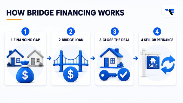 Bridge financing process connecting an existing home to a new property before sale or refinance