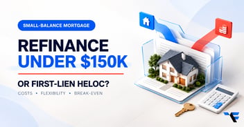 Refinancing a mortgage under $150,000 compared with a first-lien HELOC, shown with a home, financial file, calculator, and two financing paths