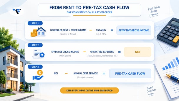 Rental property cash flow calculation sequence from scheduled rent and vacancy through effective gross income, NOI, debt service, and pre-tax cash flow
